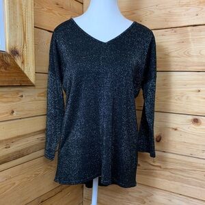 Cable & Gauge Medium Black Sparkle Long Sleeve Top High Low Hem Sheer Open Knit